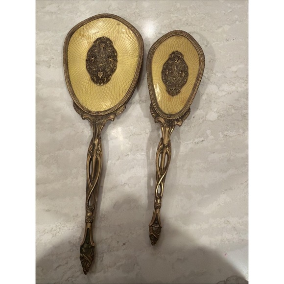 Other - Antique Victorian Gilt Brass Vanity Set Mirror & Brush Matching Guilloché c.1900